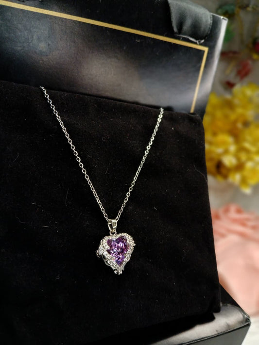Royal Purple Heart Wings Pendant Necklace