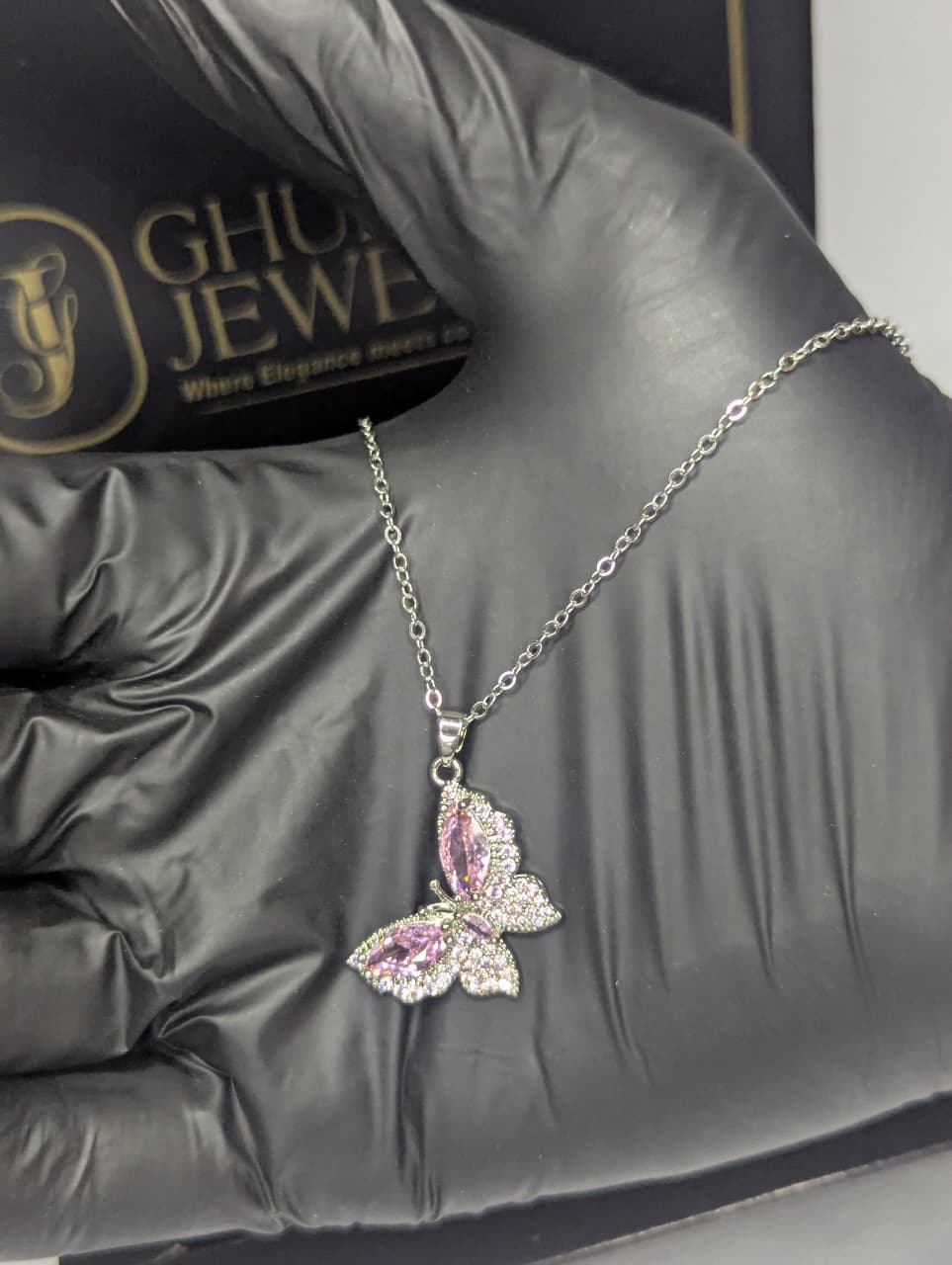 Butterfly Necklace Pink Crystal