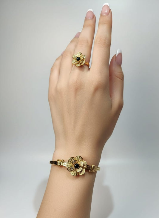 Floral Black Pearl Bracelet+Ring