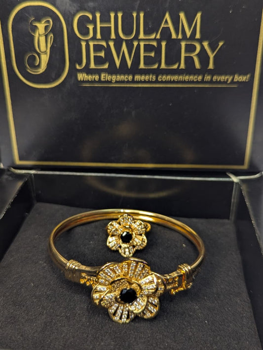 Floral Black Pearl Bracelet+Ring